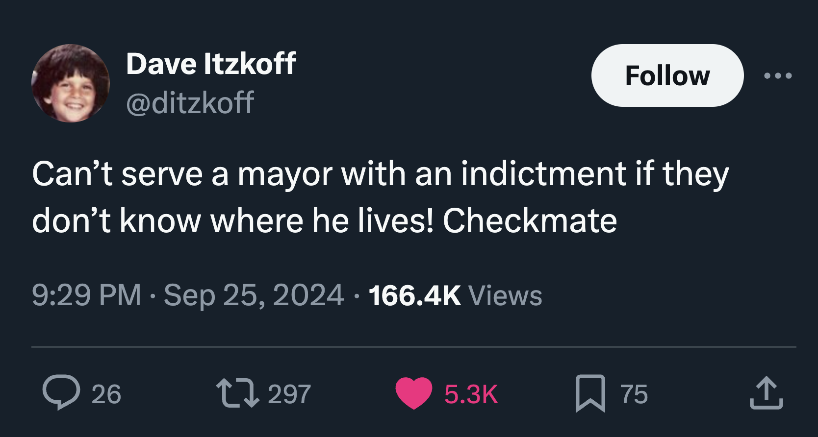 screenshot - Dave Itzkoff Can't serve a mayor with an indictment if they don't know where he lives! Checkmate Views 26 17297 75